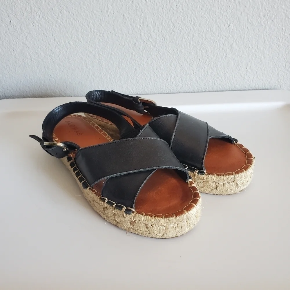 Alohas Crossed Black Leather Espadrilles Sandals Platform Made in Spain Size 36